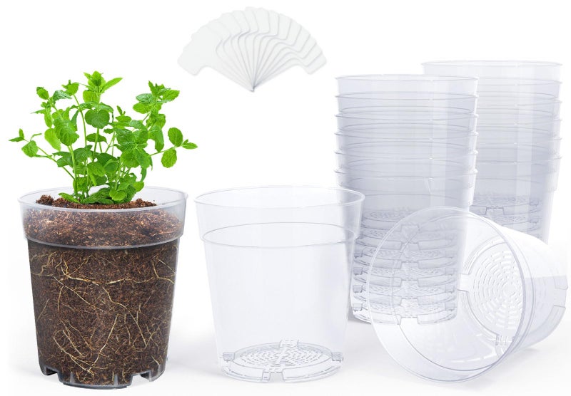 homenote Clear Nursery Pots for Plants 6.7 Inch Plant Pot for Planting Plastic Seedling Pots with Drainage Holes Seed Starter Pot Flower Pots High Transparency with 20 Plant Labels (15 Pack) - Image 1